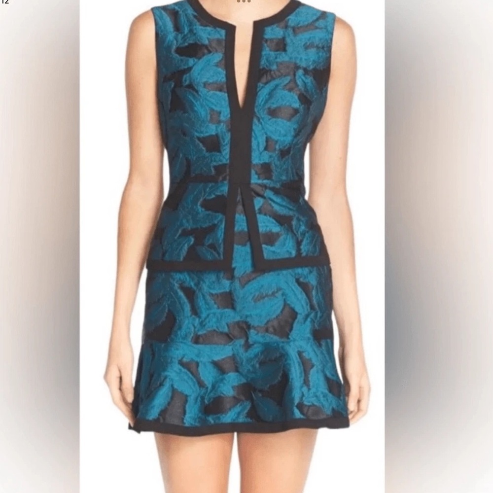 BCBG Maxazria Peplum Feather Brocade Dress
